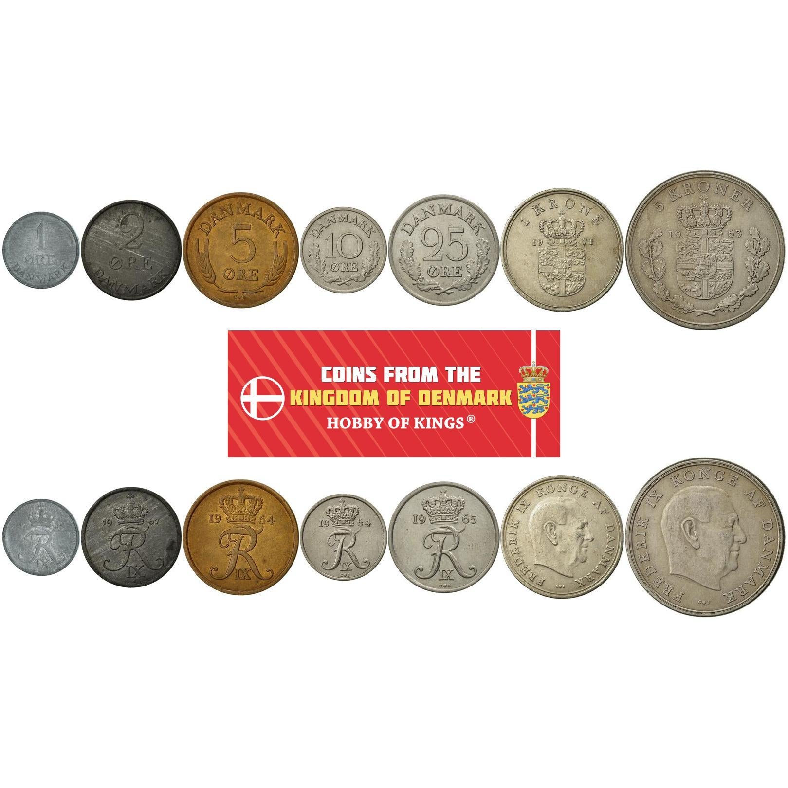Denmark | 7 Coin Set | 1 2 5 10 25 Ore 1 Krone 5 Kroner | 1960 - 1972
