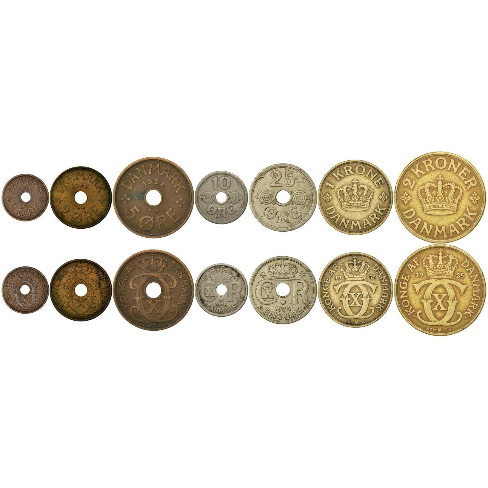 Denmark | 7 Coin Set | 1 2 5 10 25 Ore 1 Krone 2 Kroner | 1924 - 1947