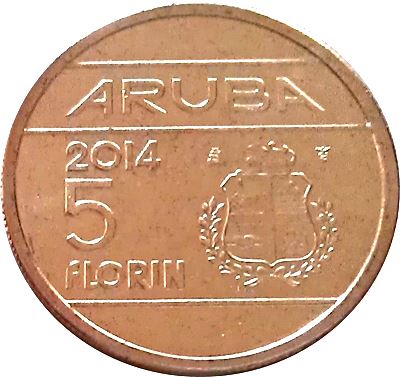 Aruba 5 Florin Coin | King Willem Alexander | KM58 | 2014 - 2016