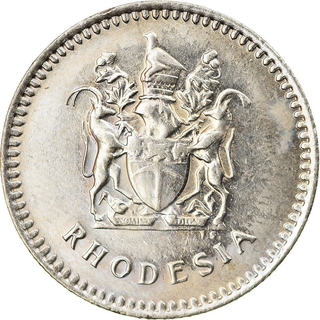 Rhodesia | 10 Cents Coin | Antelopes | Pickaxe | Shield | KM:14 | 1975