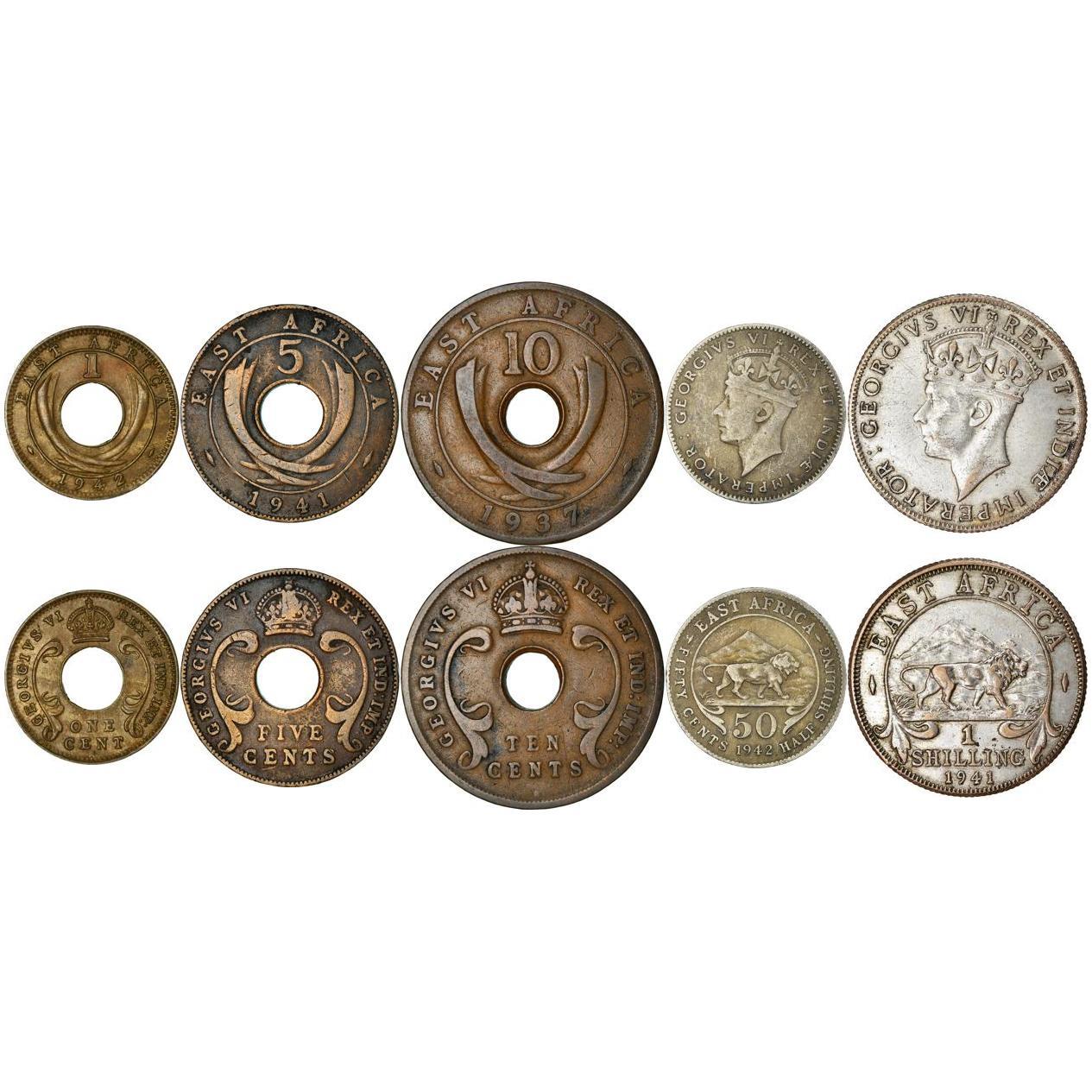 Afrique de l'Est | Ensemble de 5 pièces | 1 Cent 5 10 50 Cents 1 Shilling | 1937 - 1946