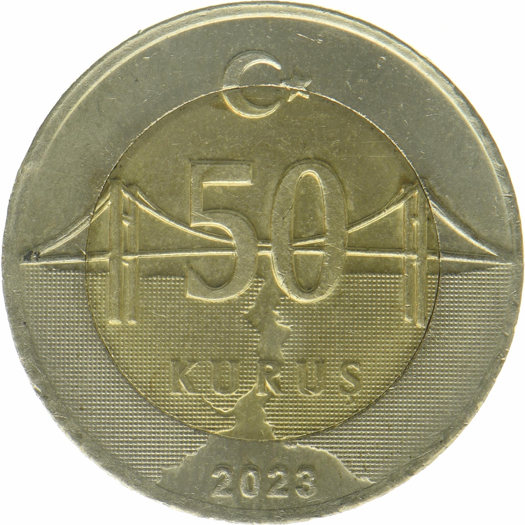 Turkey | 50 Kurus Coin | Mustafa Kemal Atatürk | Crescent Moon | Star | Istanbul Suspension Bridge | KM:1574 | 2023 - 2026