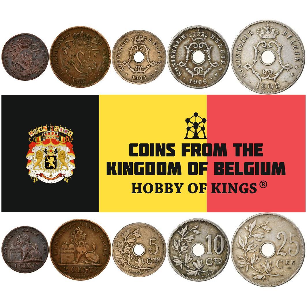 Belgium | 5 Coin Set | 1 Centime 2 5 10 25 Centimes | 1887 - 1909