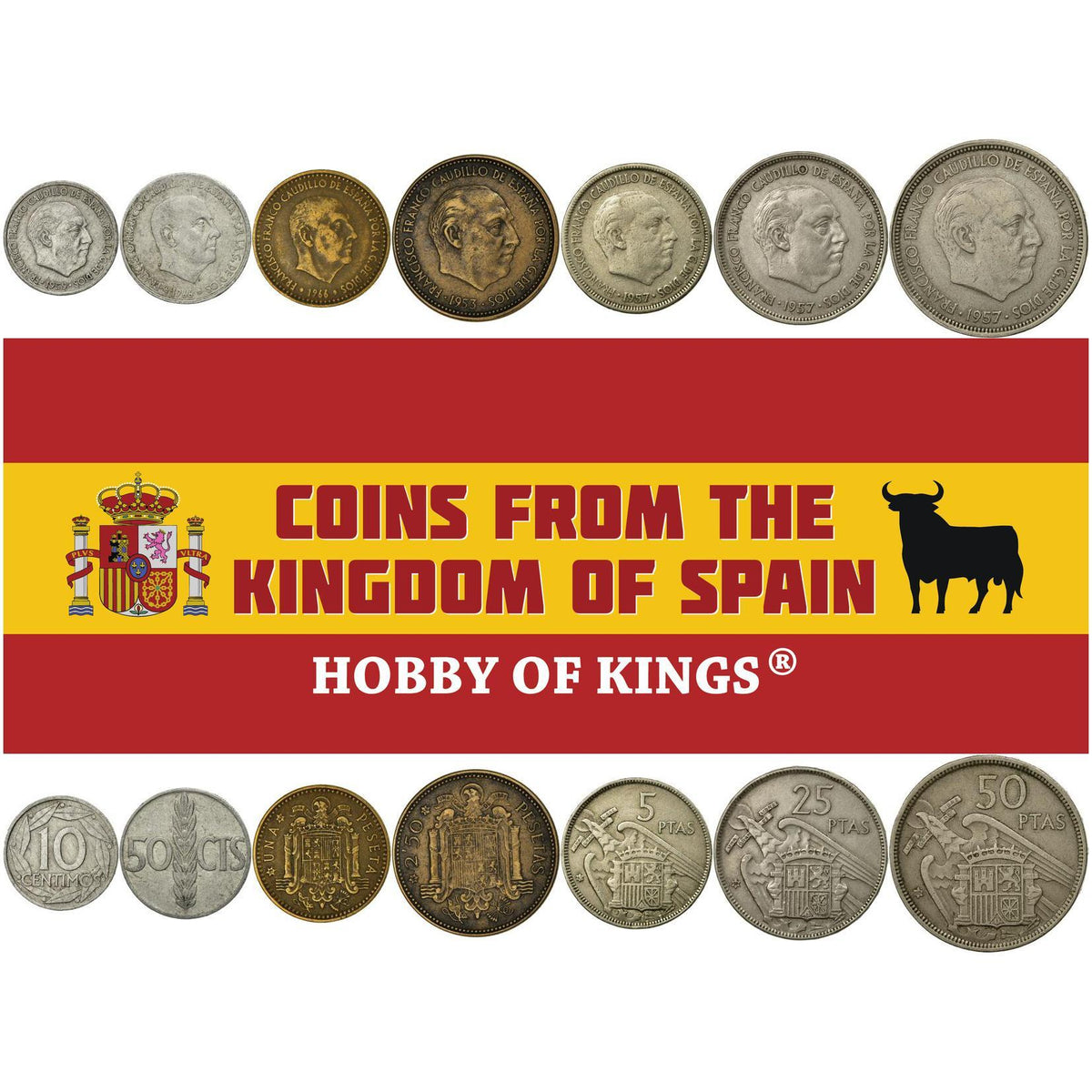 Ispanijos 7 monetų rinkinys 10 50 centimų 1 2,5 5 25 50 pesetų | Francisco Franco | Ispanija | 1946 - 1966