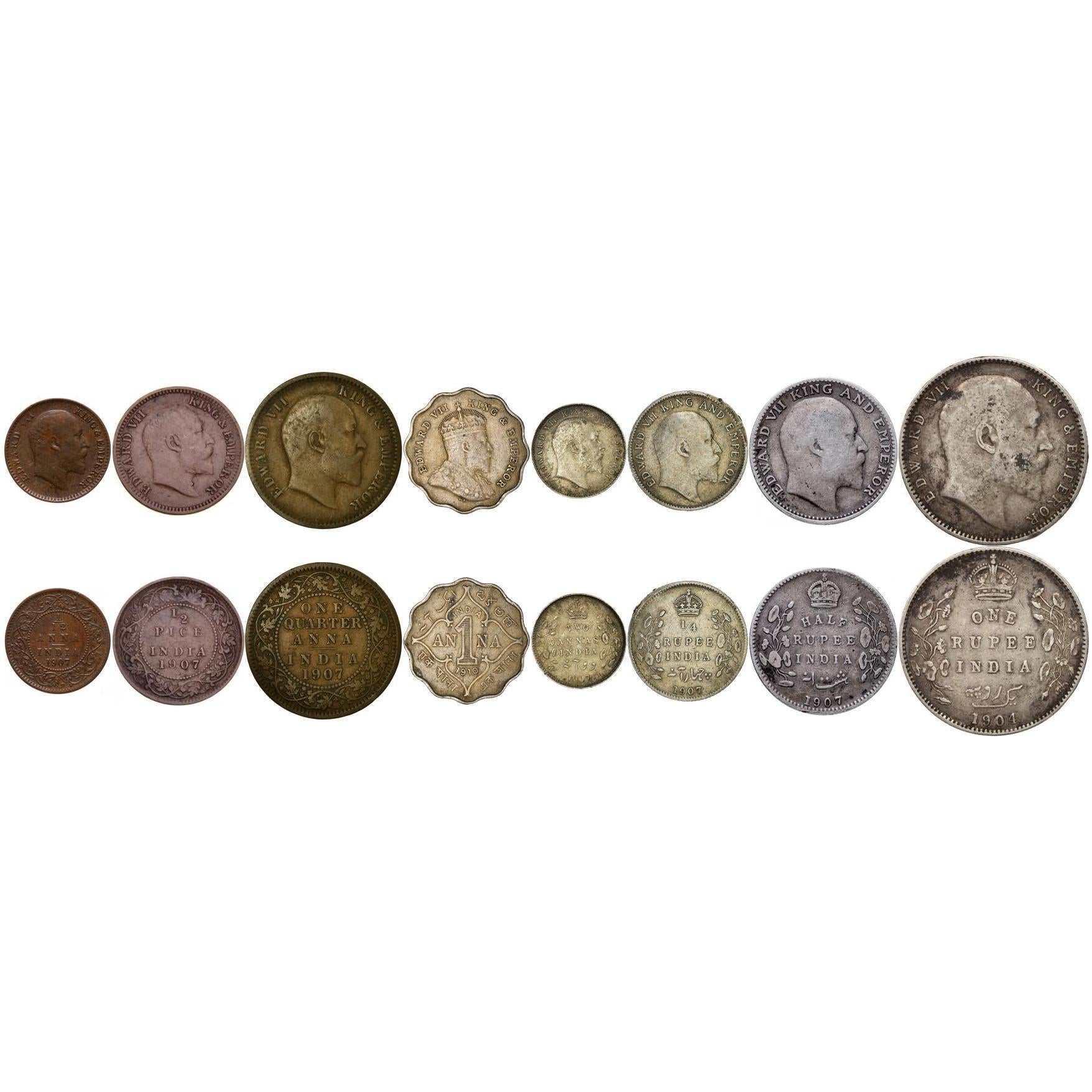India - British | 8 Coin Set | 1/12 1/4 1 Anna 1/2 Pice 2 Annas 1/4 1/2 1 Rupee | 1903 - 1910