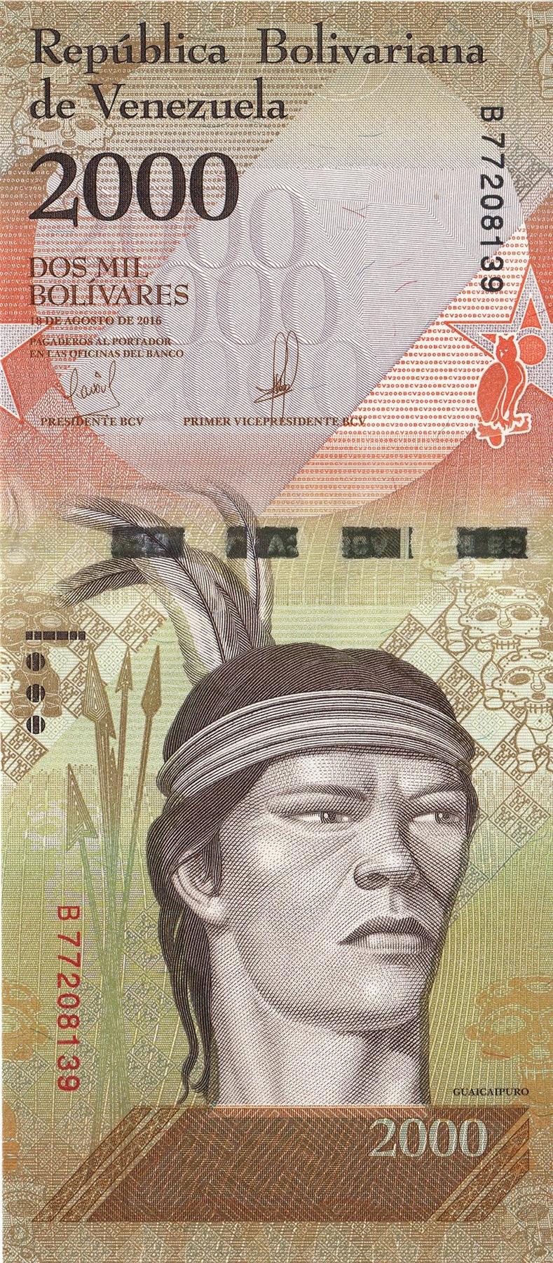 Venezuela | 2000 Bolivares Banknote | 2016 | Cacique Guaicaipuro | Spears | Masks | Harpy Eagle | Ucaima Falls