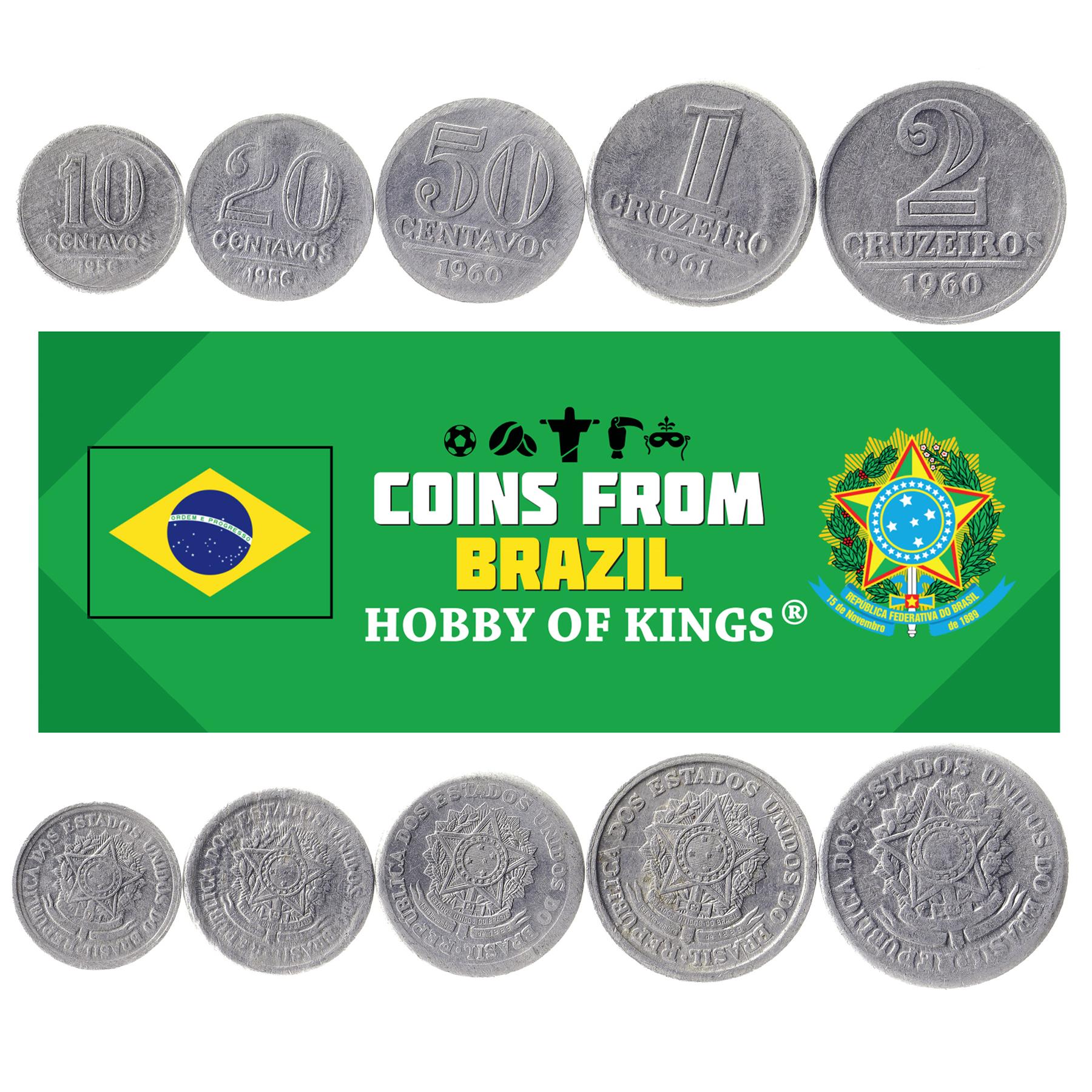 Brazil | 5 Coin Set | 10 20 50 Centavos 1 Cruzeiro 2 Cruzeiros | 1956 - 1961