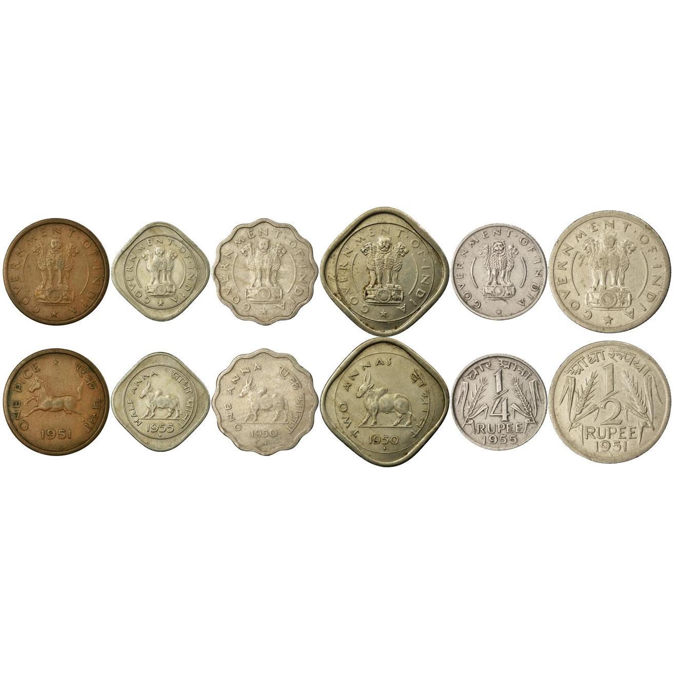 India | 6 Coin Set | 1 Pice 1/2 1 Anna 2 Annas 1/4 1/2 Rupee | 1950 - 1956