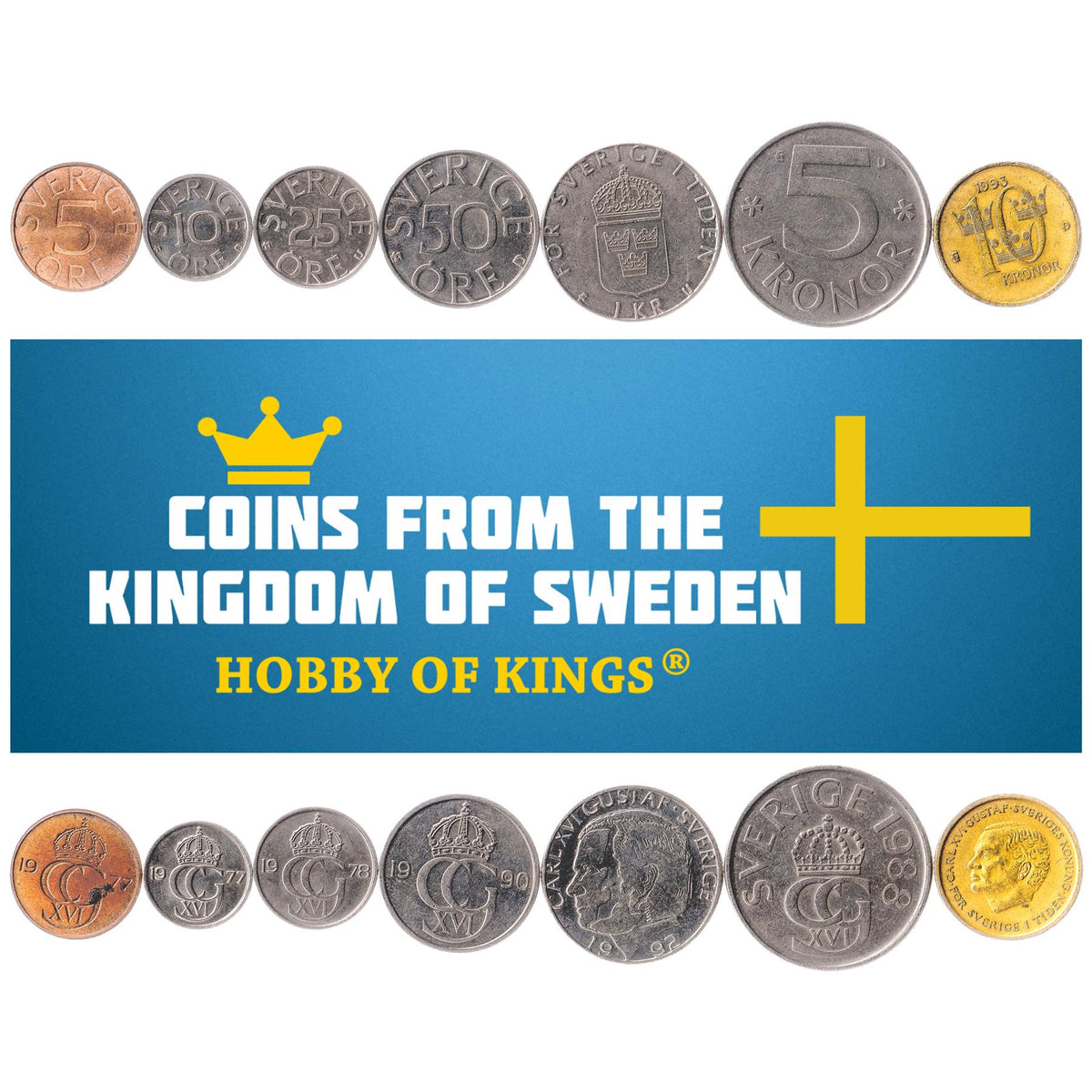Schwedisches 7-Münzen-Set 5 10 25 50 Öre 1 5 10 Kronen | Carl XVI Gustaf | Drei Kronen | Schweden | 1976 - 2000