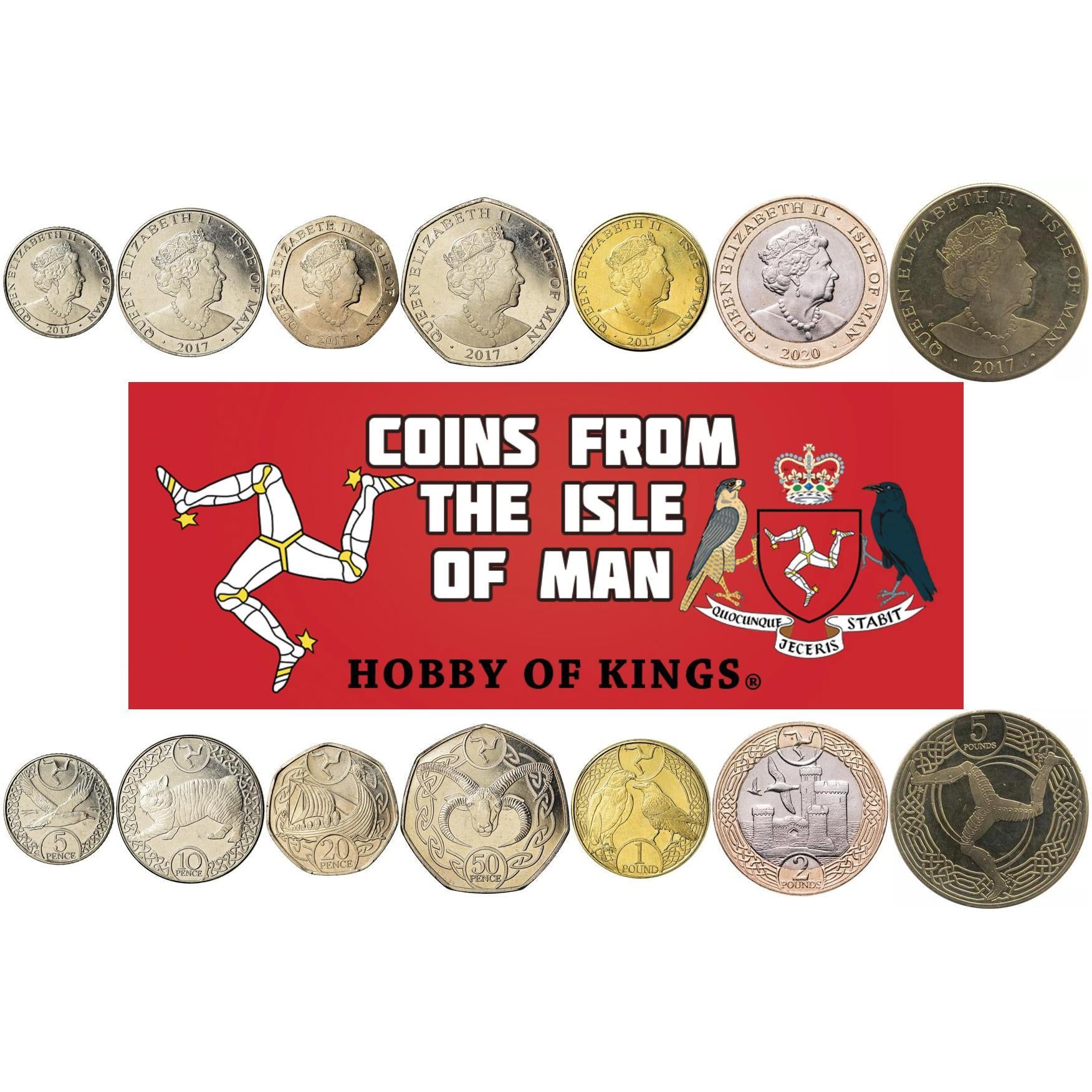 طقم عملات مانكس مكون من 7 قطع 5 10 20 50 بنس 1 2 5 جنيه | إليزابيث الثانية | ماكس لوغتان | ماكس شيرواتر | صقر الشاهين | قط مانكس | برج الملاذ | قارب الفايكنج الطويل | ثلاثي السواحل | جزيرة مان | 2017 - 2021