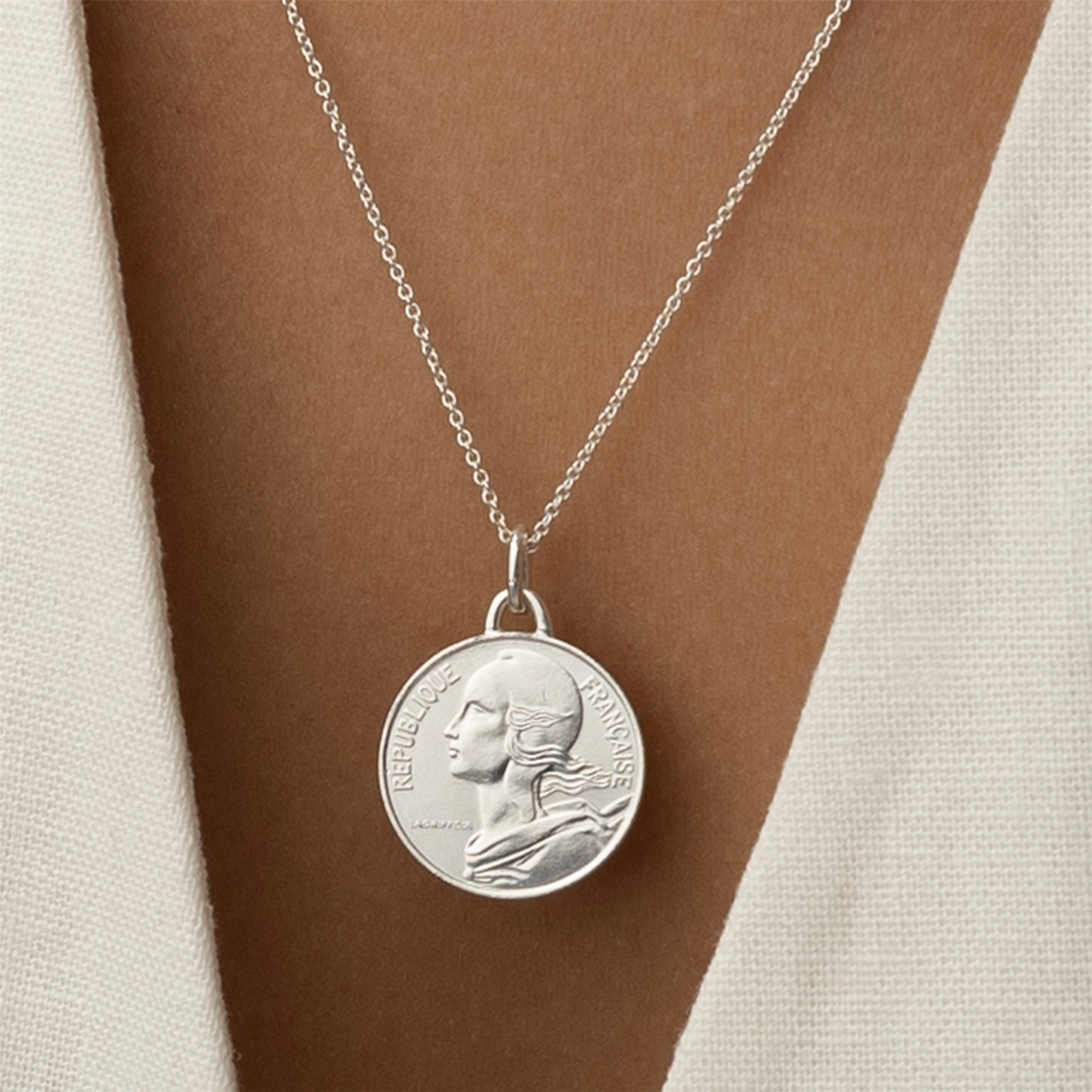 French Coin Necklace | Medallion Pendant Jewelry | Rhodium Plated 10 Centimes | 1966 - 2001