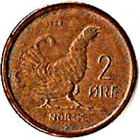 Norway | 2 Ore Coin | Crown | Monogram | Black Grouse Bird | Km:404 | 1958