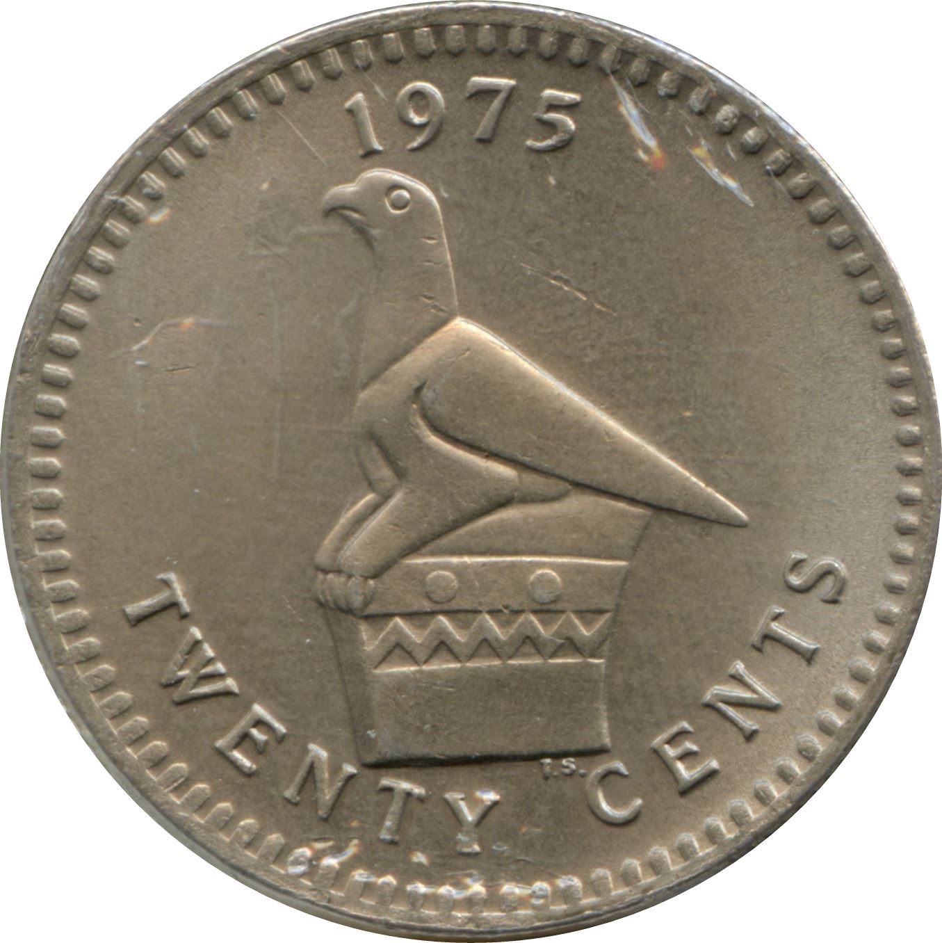 Rodésia | Moeda de 20 Cêntimos | Antílopes | Pássaro do Zimbabué | Km:15 | 1975 - 1977
