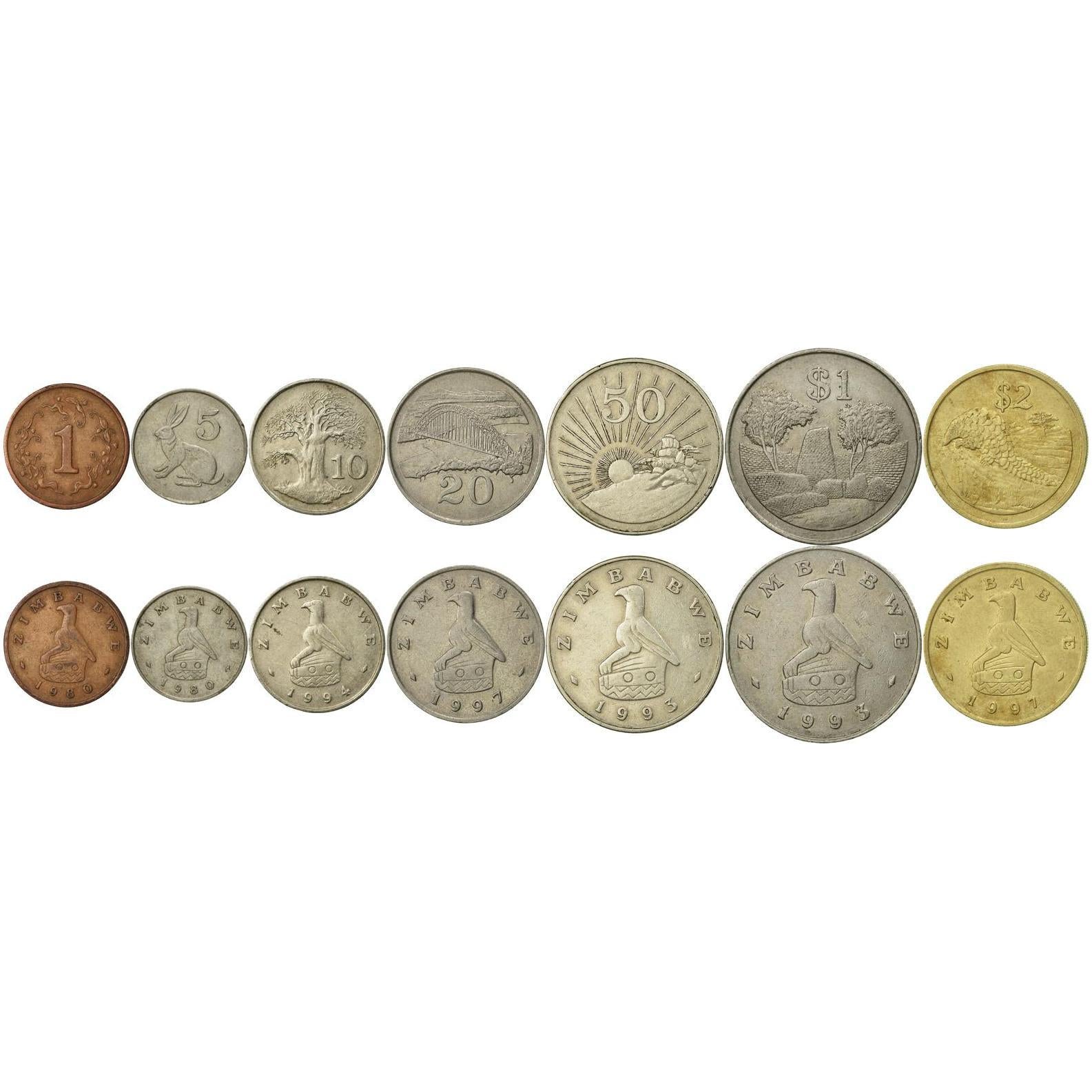Zimbabwe | 7 Coin Set | 1 Cent 5 10 20 50 Cents 1 Dollar 2 Dollars | 1980 - 1999