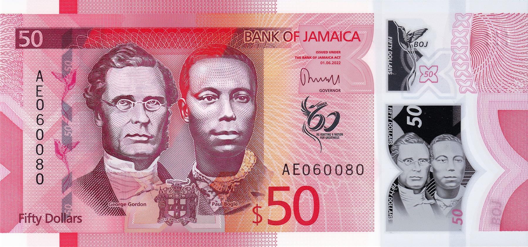 Jamaica | 50 Dollars Banknote | 2022 | 60 Years of Independence | George William Gordon | Paul Bogle | Doctor's Cave Beach