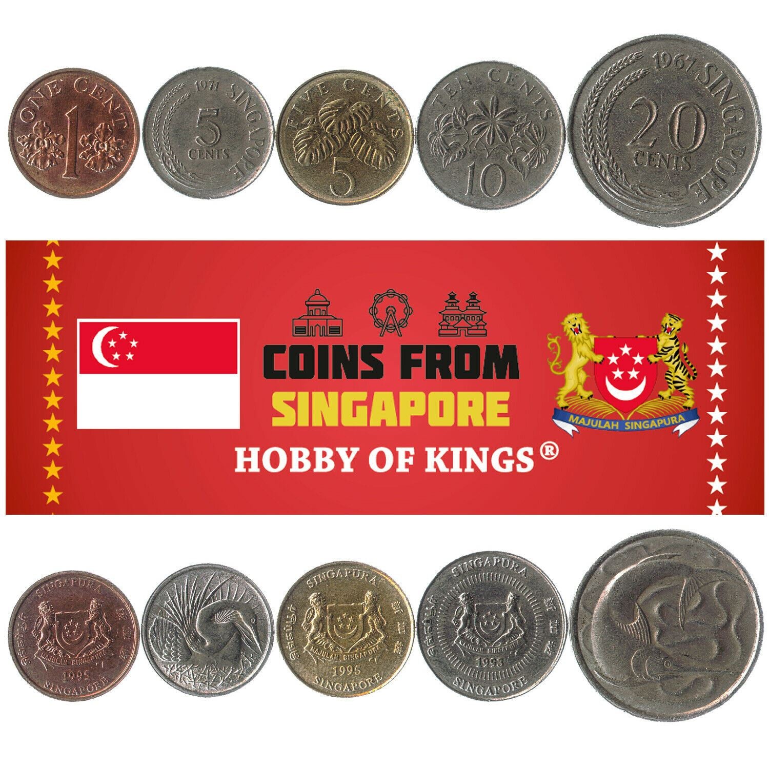 5 Mixed Coins From Singapore | 1 - 50 Cents | 1967 - 2018