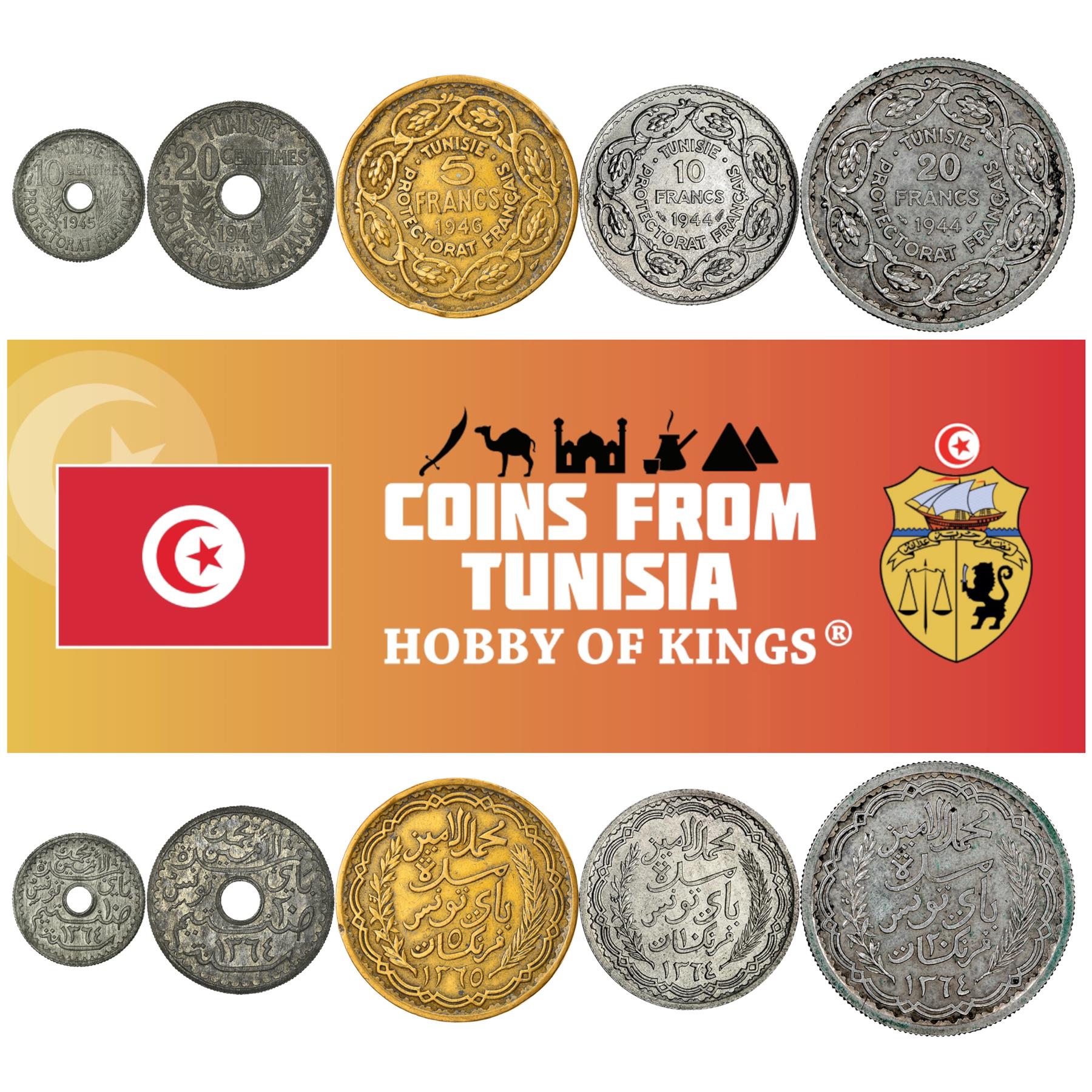 Tunisian 5 Coin Set 10 20 Centimes 5 10 20 Francs | Tunisia | 1943 - 1946