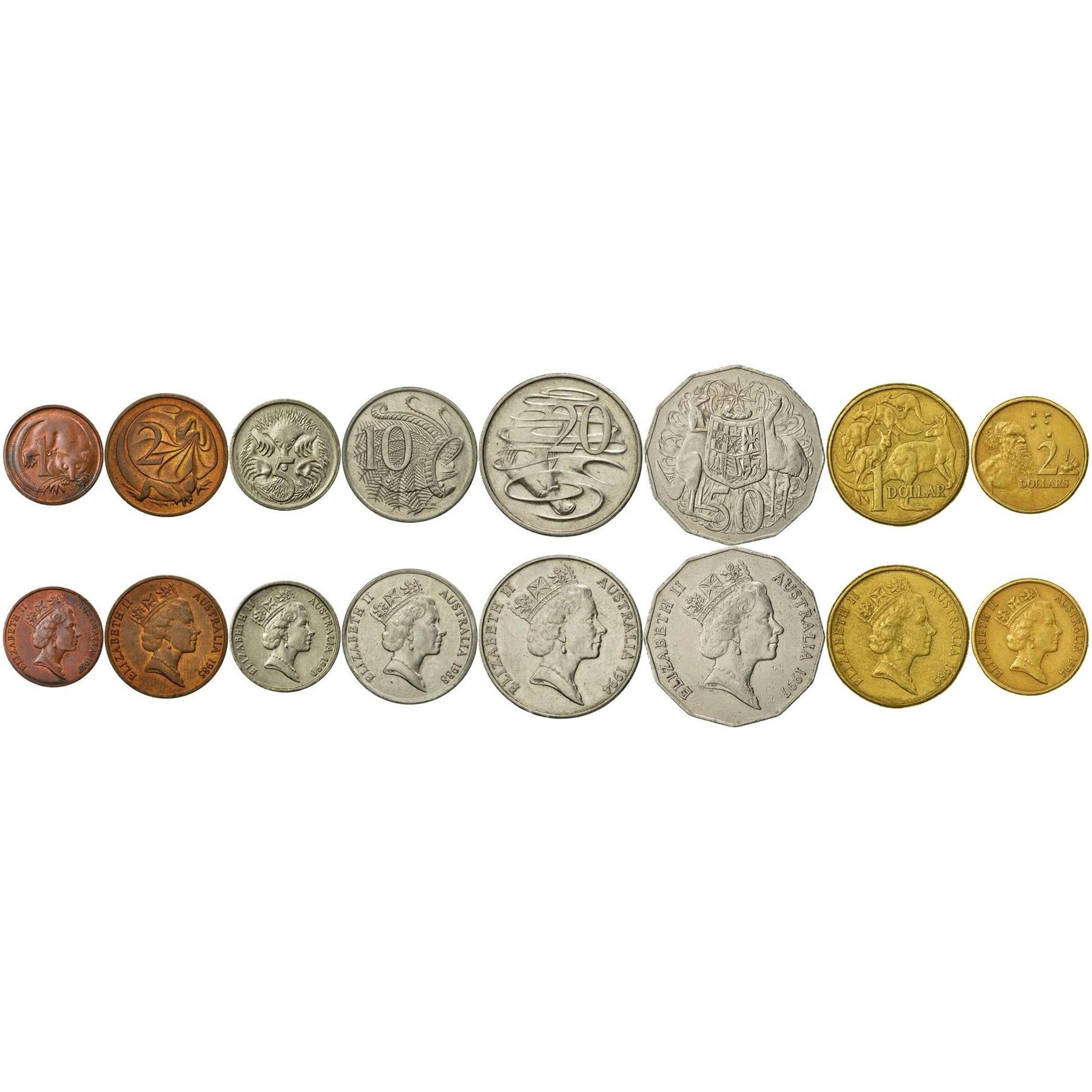 Australia | 8 Coin Set | 1 Cent 2 5 10 20 50 Cents 1 Dollar 2 Dollars | 1985 - 1998