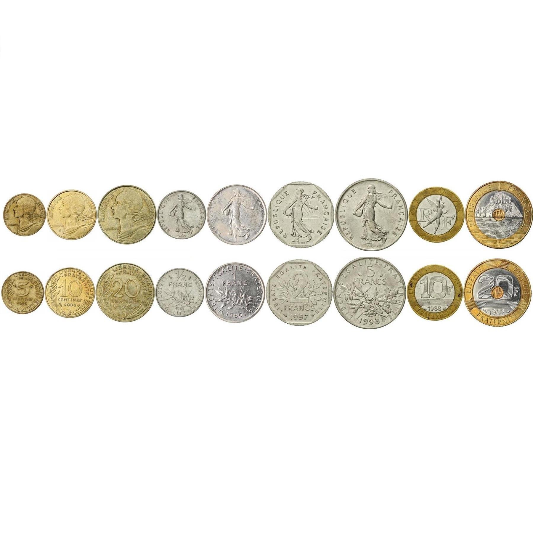 França | Conjunto de 9 moedas | 5 10 20 Cêntimos 1/2 1 2 5 10 20 Francos | Escultura | Mariana | 1960 - 2001
