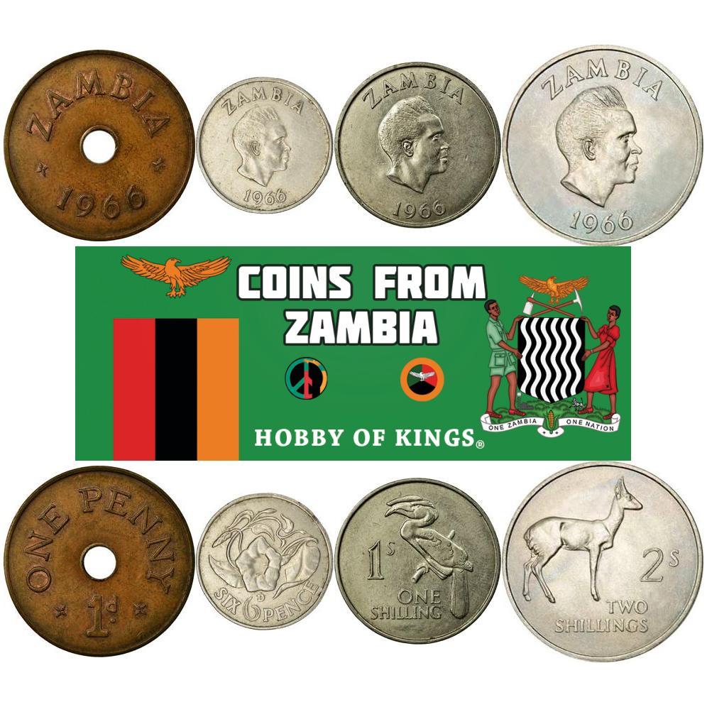 Zambia | 4 Coin Set | 1 Penny 6 Pence 1 Shilling 2 Shillings | 1966