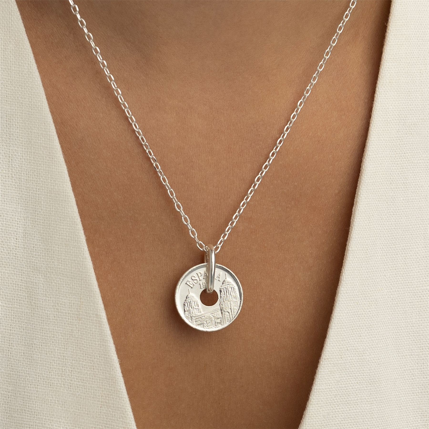 Spanish Coin Necklace | Medallion Pendant Jewelry | Rhodium Plated 25 Pesetas | Melilla | 1997