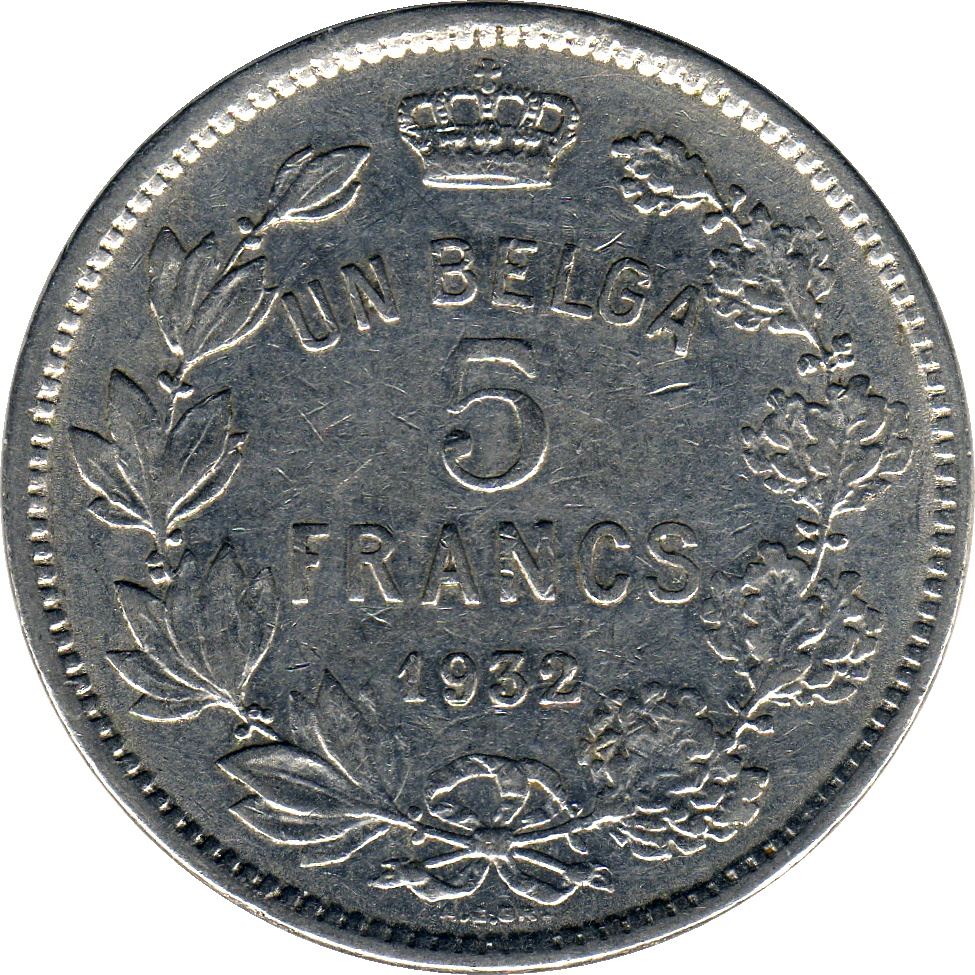 Belgian 1 Belga / 5 Francs Coin | Albert I Belgique | Star | Olive | KM97 | 1930 - 1934