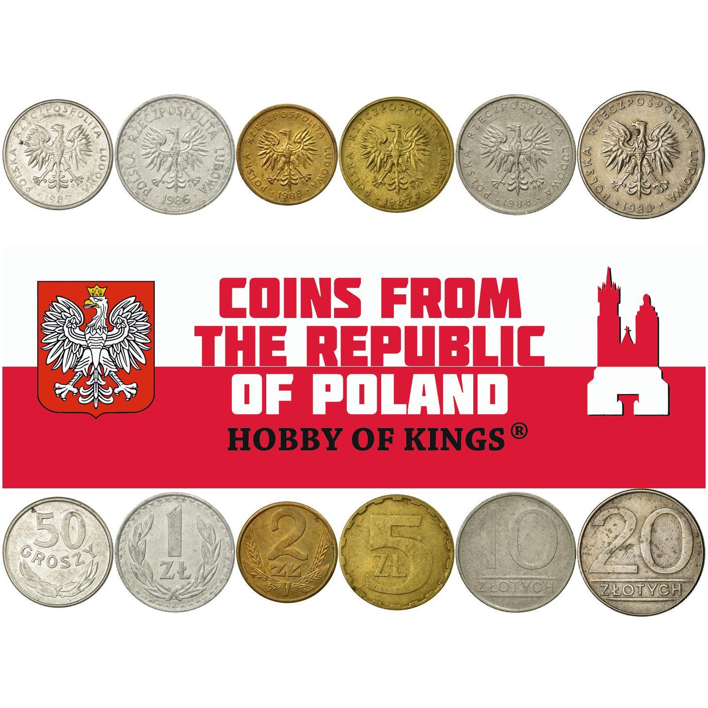 Polish 6 Coin Set 50 Grosz 1 2 5 10 20 Złoty | White Crowned Eagle | Poland | 1984 - 1988