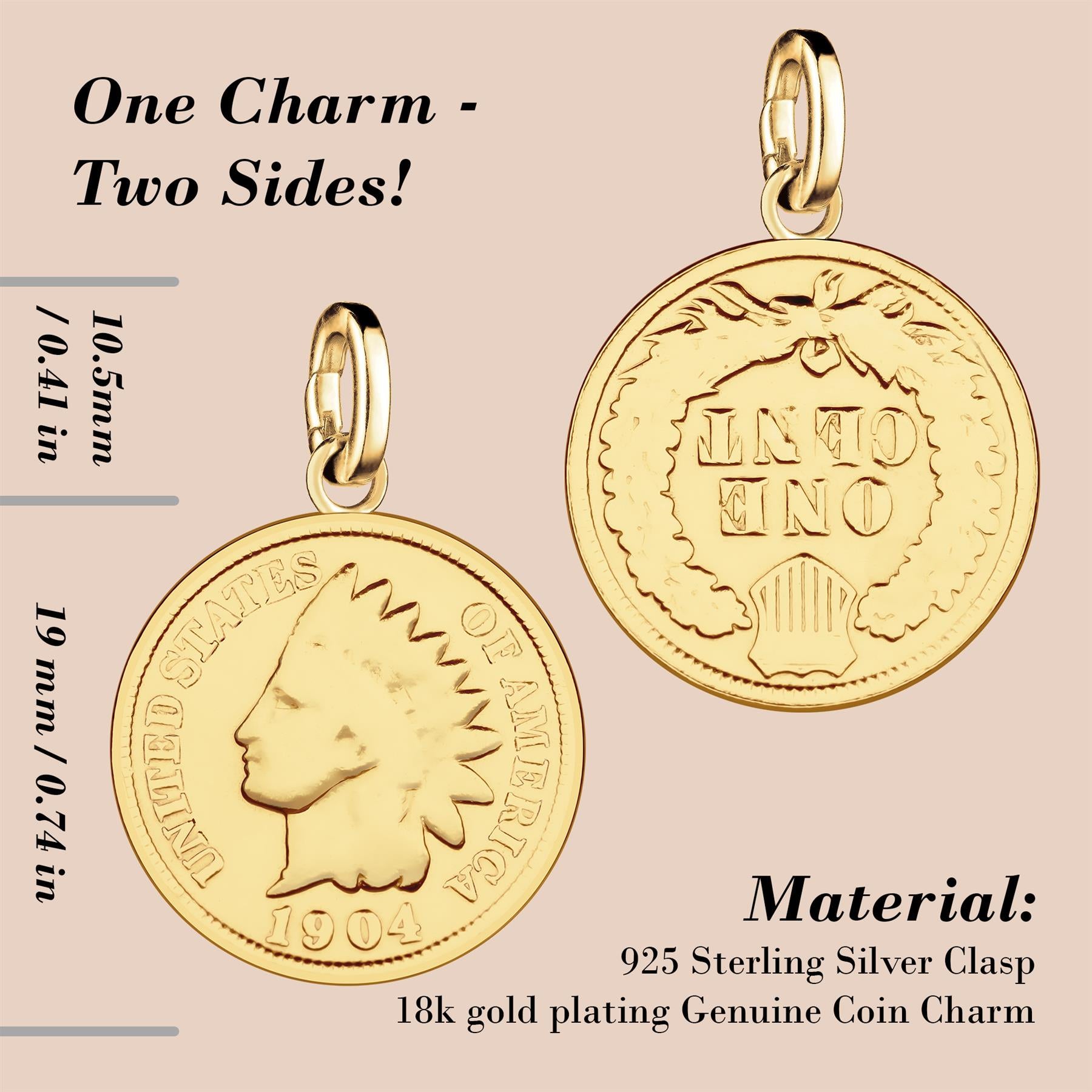 American 1 Indian Head Cent Coin Charm | 925 Sterling Silver 18K Gold Plated | 1864 - 1909