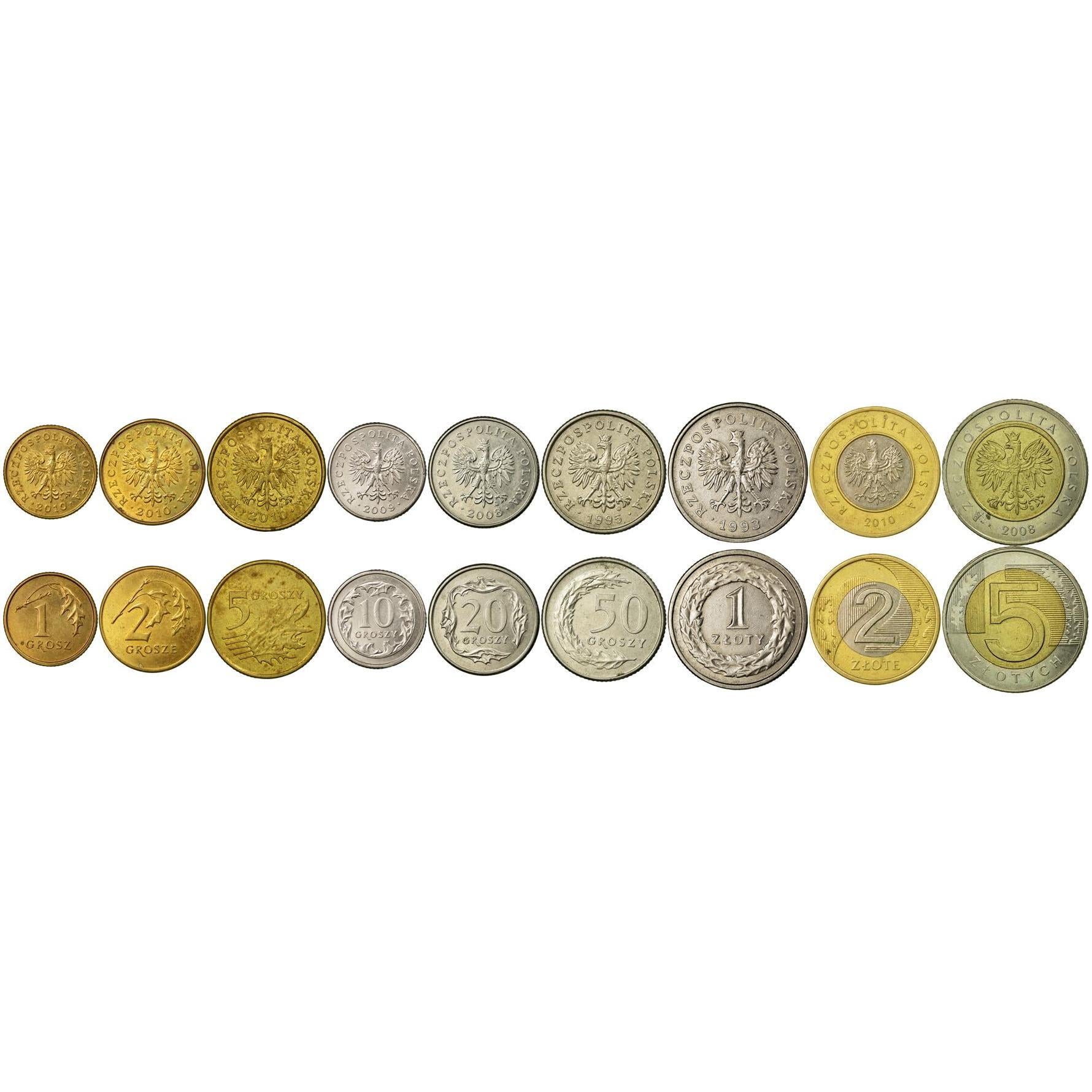 Poland | 9 Coin Set | 1 Grosz 2 5 10 20 50 Grosze 1 Zloty 2 5 Zlotys | 1990 - 2016