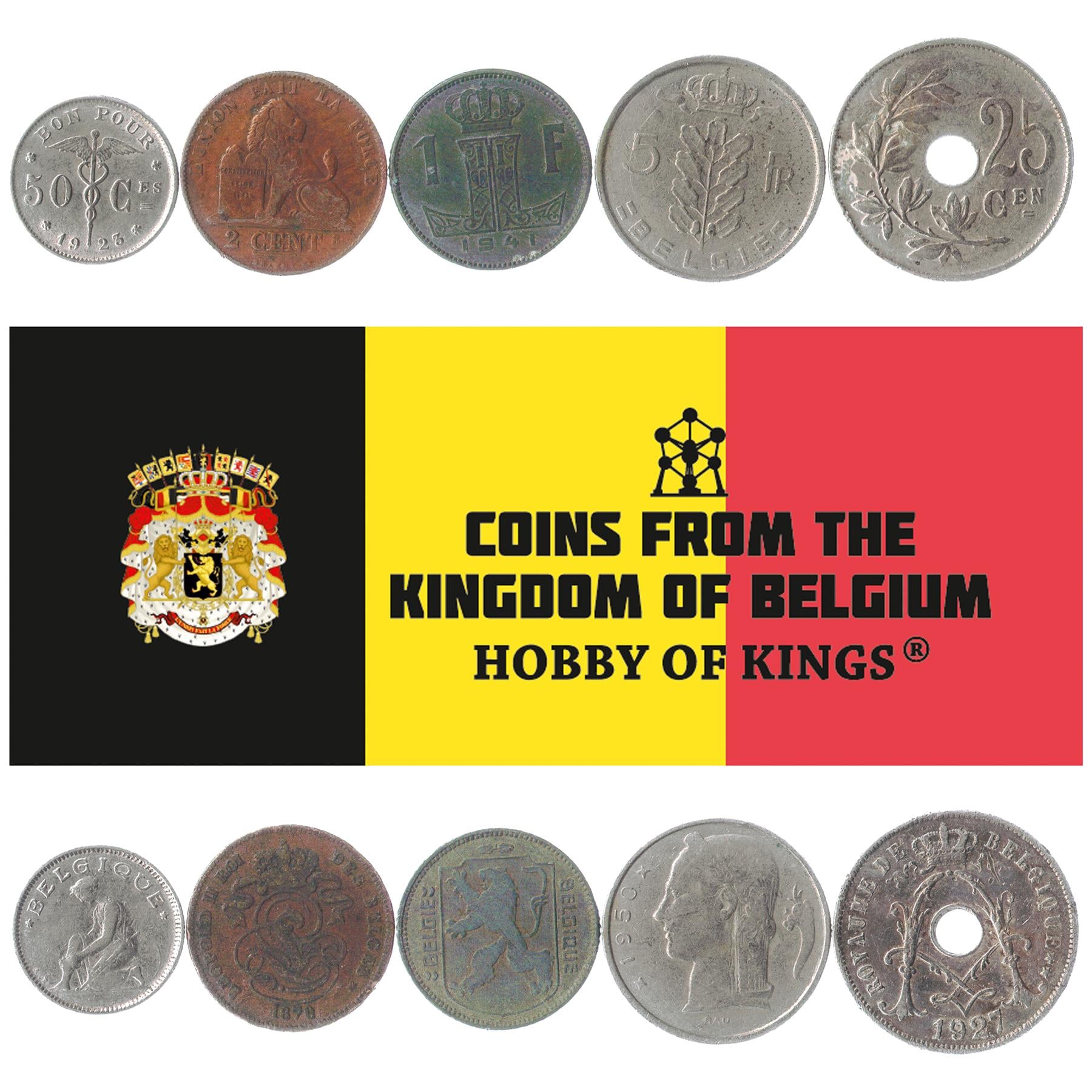 5 Old Coins From Belgium 1865-1950 Kings Baudouin I Leopold Albert I