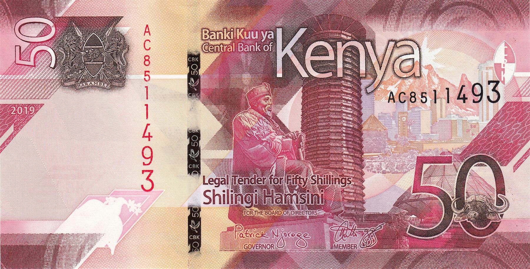 Kenya | 50 Shillings Banknote | 2019 - 2024 | Kenyatta Statue | Mountains | Buffalo Head | Renewable Energy