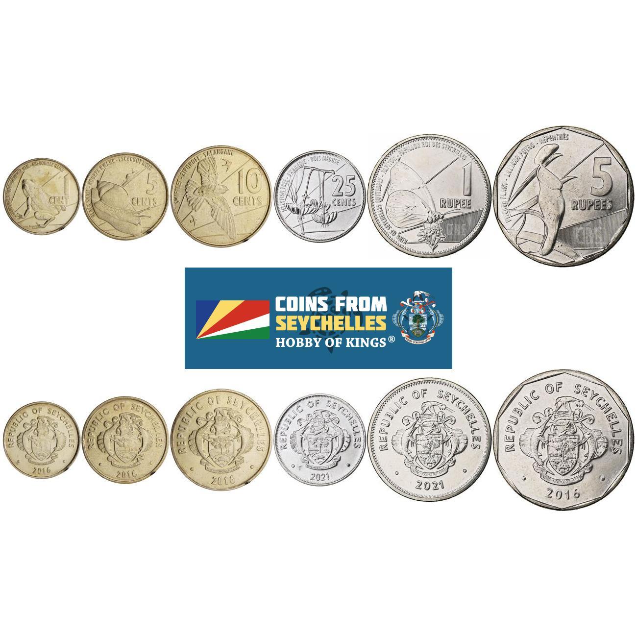 Seychelles | 6 Coin Set | 1 Cent 5 10 25 Cents 1 Rupee 5 Rupees | 2016 - 2022