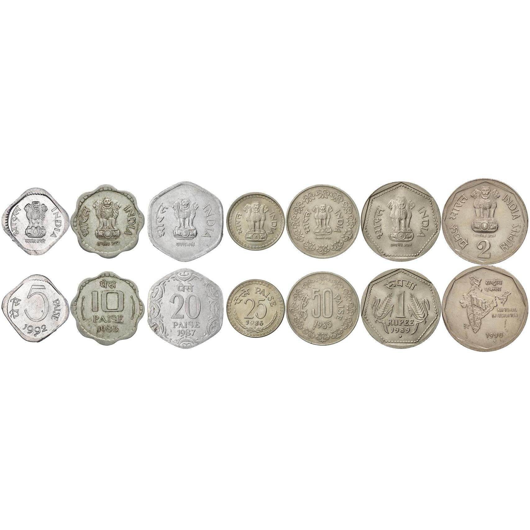 Inde | Ensemble de 7 pièces | 5 10 20 25 50 Paise 1 Roupie 2 Roupies | 1982 - 1994