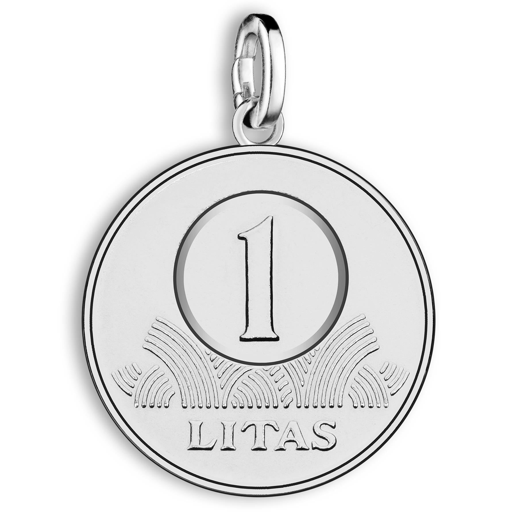 Lithuanian 1 Litas Coin Charm | 925 Sterling Silver Rhodium Plated | 1998 - 2014