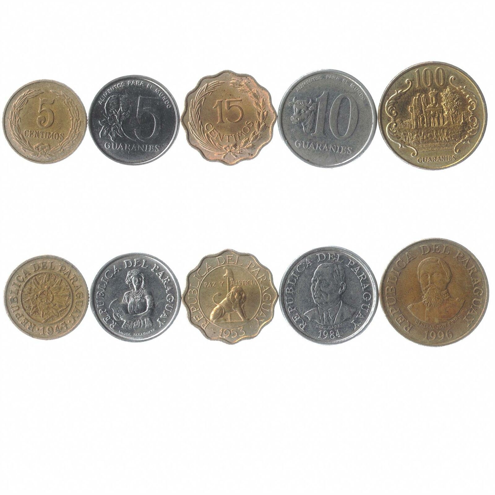 5 Different Coins From Paraguay Guarani Centimos Money Collectible Currency