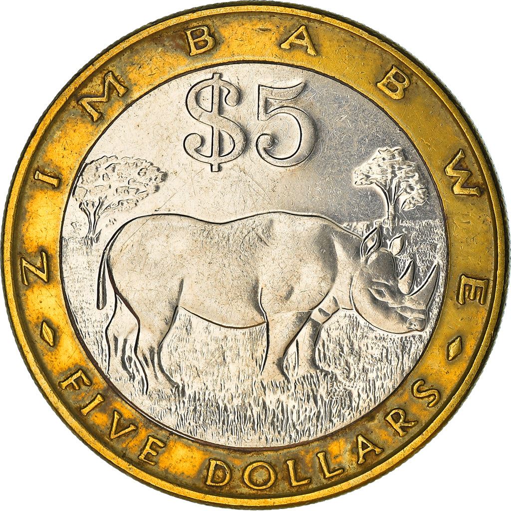 Zimbabwe Coin 5 Dollars Coin | Bateleur Eagle | Black Rhino | KM13 | 2001 - 2003