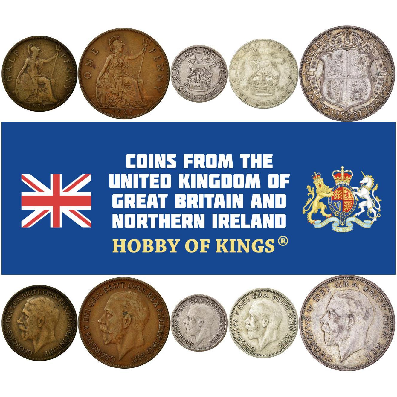 United Kingdom | 5 Coin Set | 1/2 1 Penny 6 Pence 1 Shilling 1/2 Crown | 1925 - 1927