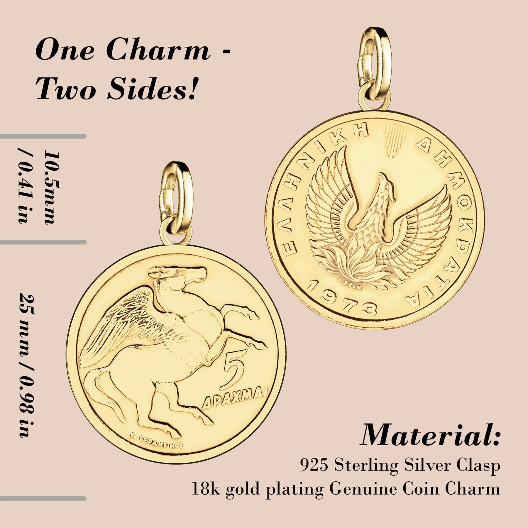 Greek 5 Drachmai Coin Charm | 925 Sterling Silver 18K Gold Plated | 1986 - 2000