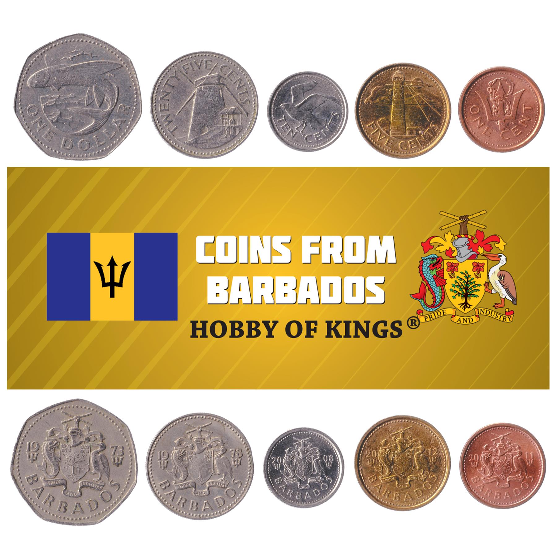 5 Barbados Coins Mixed Barbadian Currency Cents Dollar Trident Lighthouse Windmill Tern 1973 - 2020