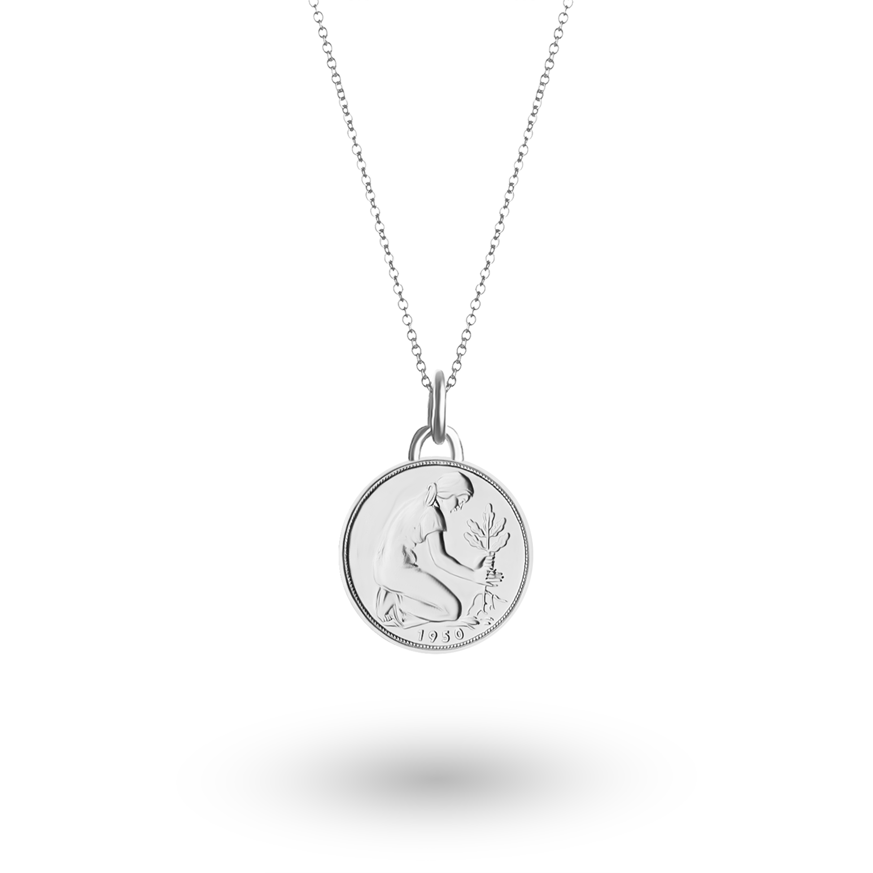German Coin Necklace | Medallion Pendant Jewelry | Rhodium Plated 50 Pfennigs | 1950 - 2001