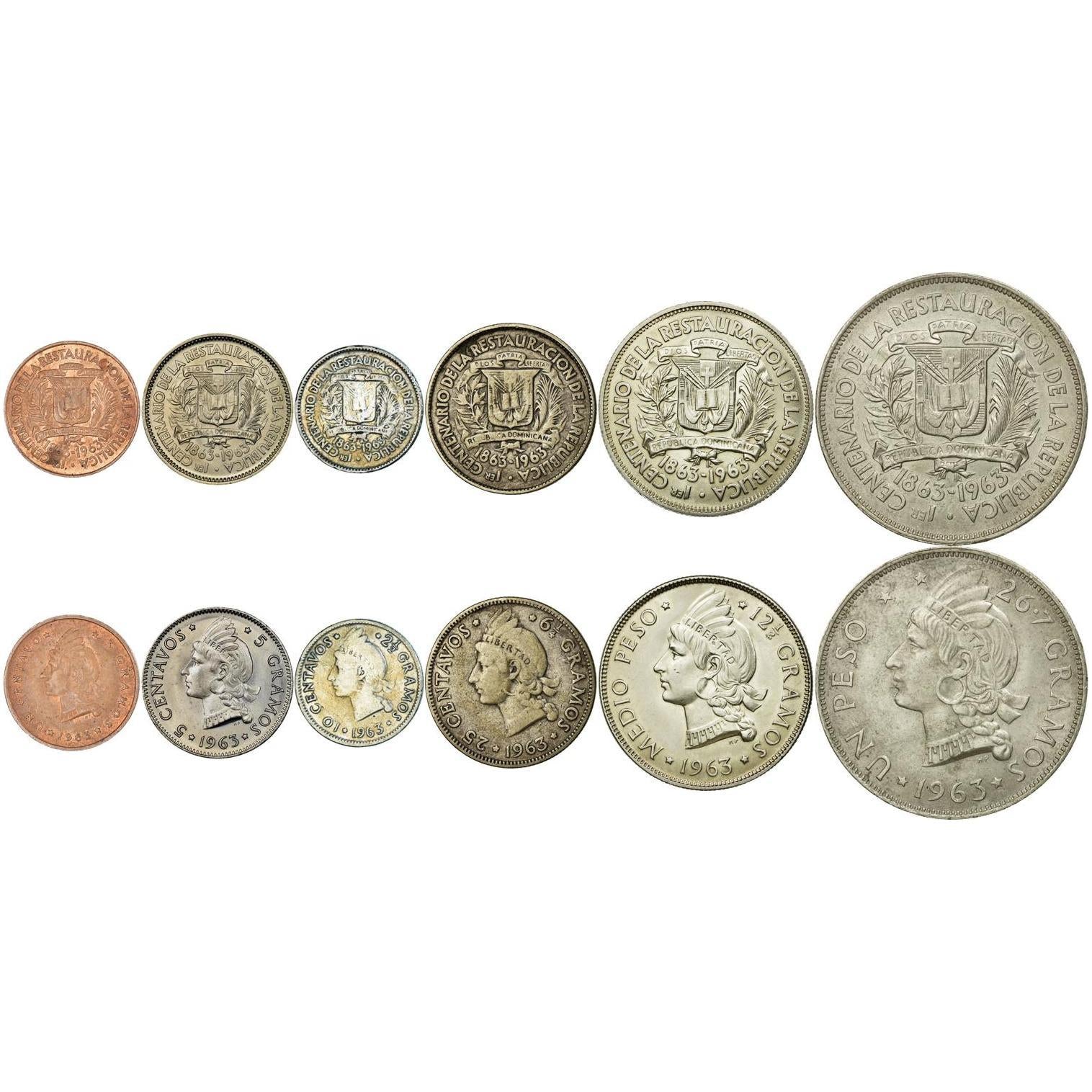 Dominican Republic | 6 Coin Set | 1 Centavo 5 10 25 Centavos 1/2 1 Peso | 1963