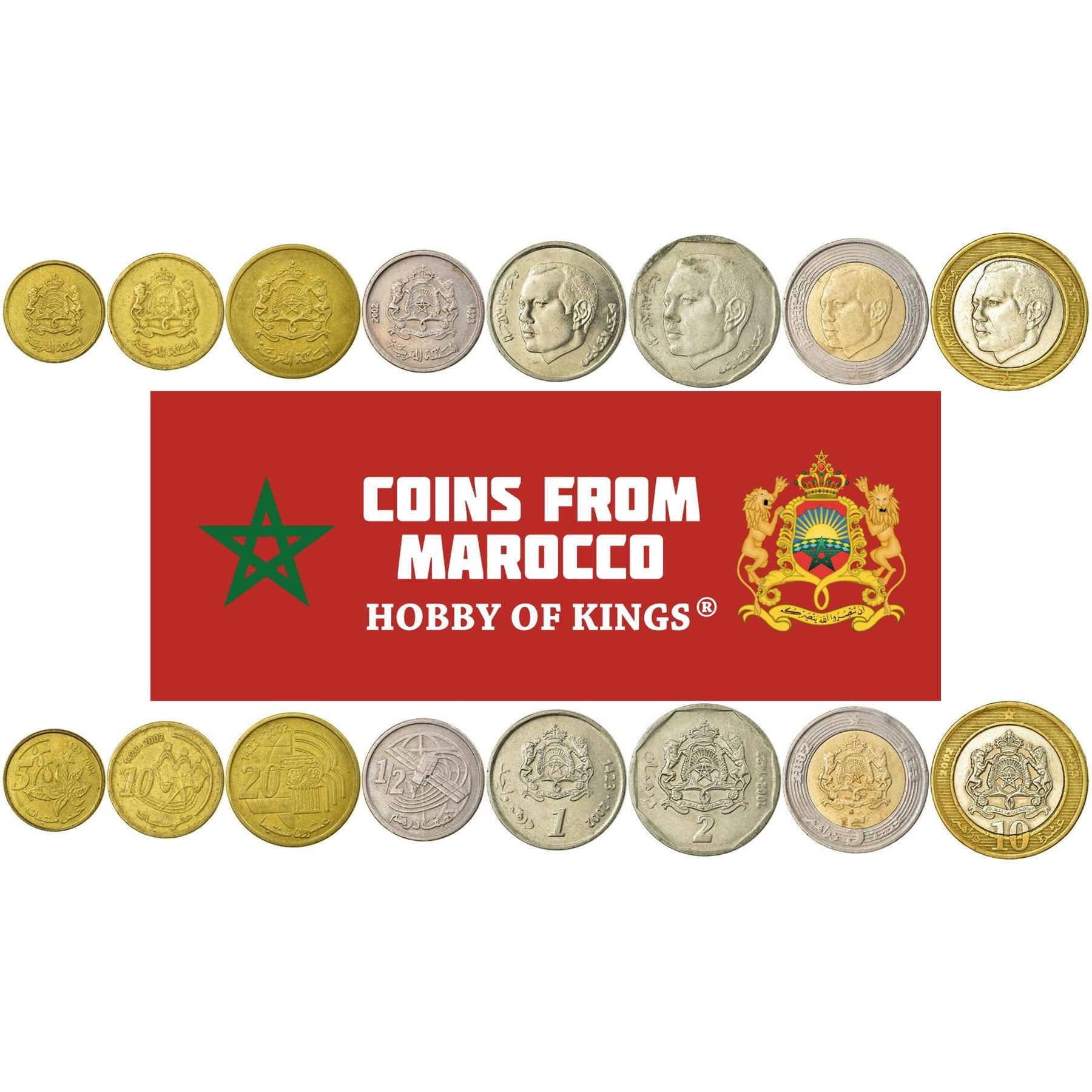 Set 8 Coins Morocco 5 10 20 Santimat 1/2 1 2 5 10 Dirhams 2002