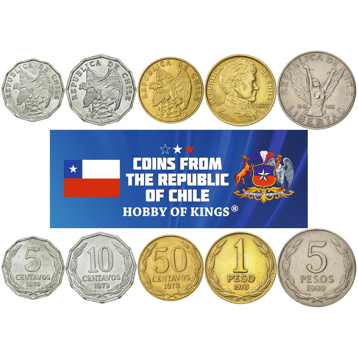 Chile | 5 Coin Set | 5 10 50 Centavos 1 Peso 5 Pesos | Andean Condor | Andean condor | Bernardo O'Higgins | Chilena | 1976 - 1980