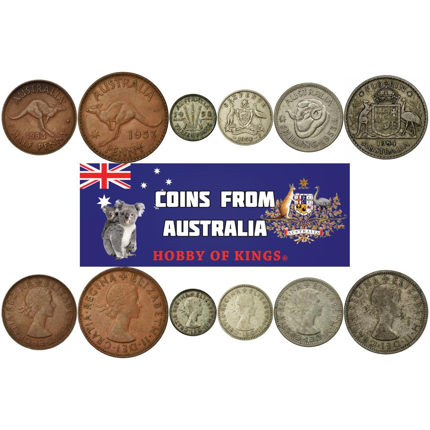 Australia | 6 Coin Set | 1/2 1 Penny 3 6 Pence 1 Shilling 1 Florin | 1953 - 1955