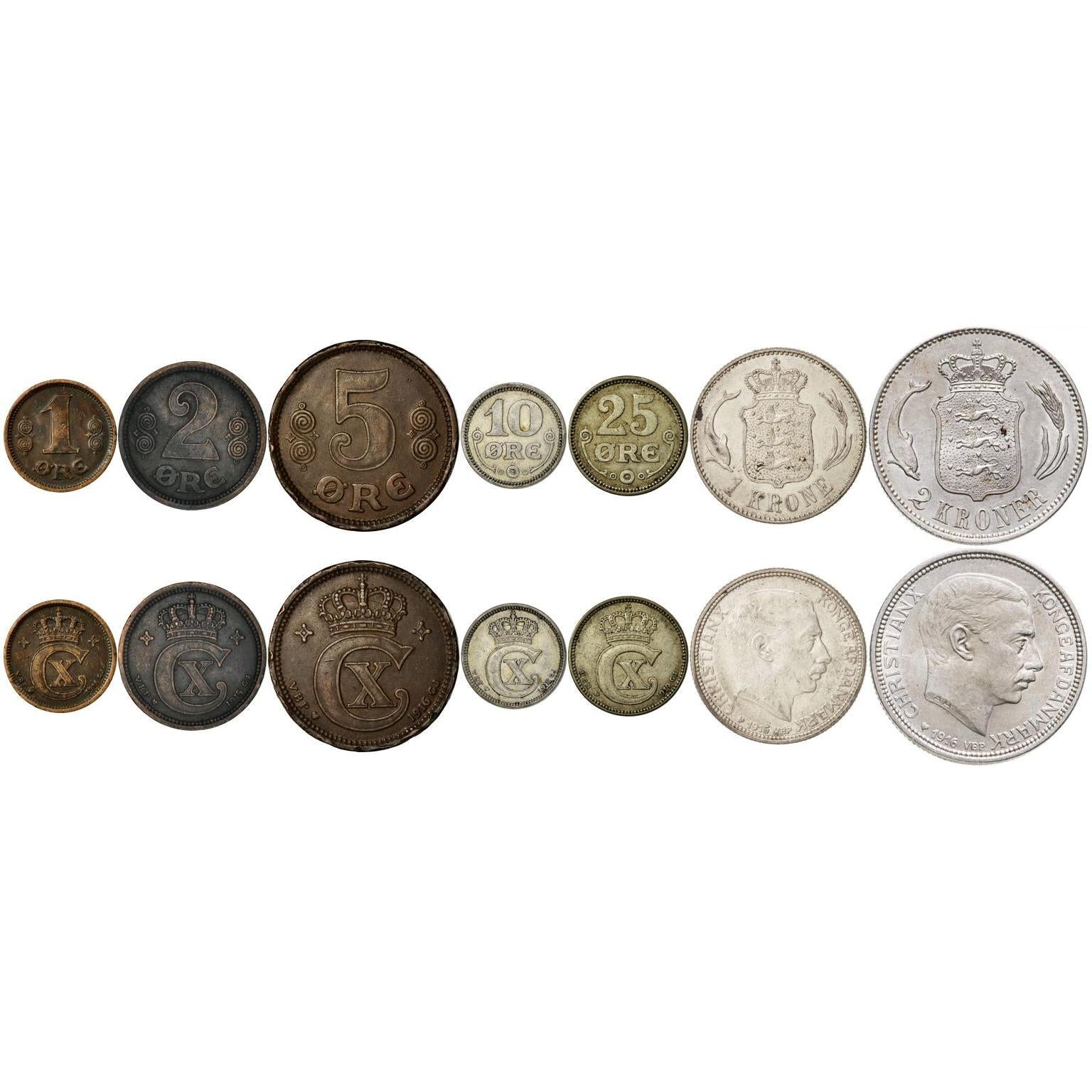 Denmark | 7 Coin Set | 1 2 5 10 25 Ore 1 Krone 2 Kroner | 1913 - 1923