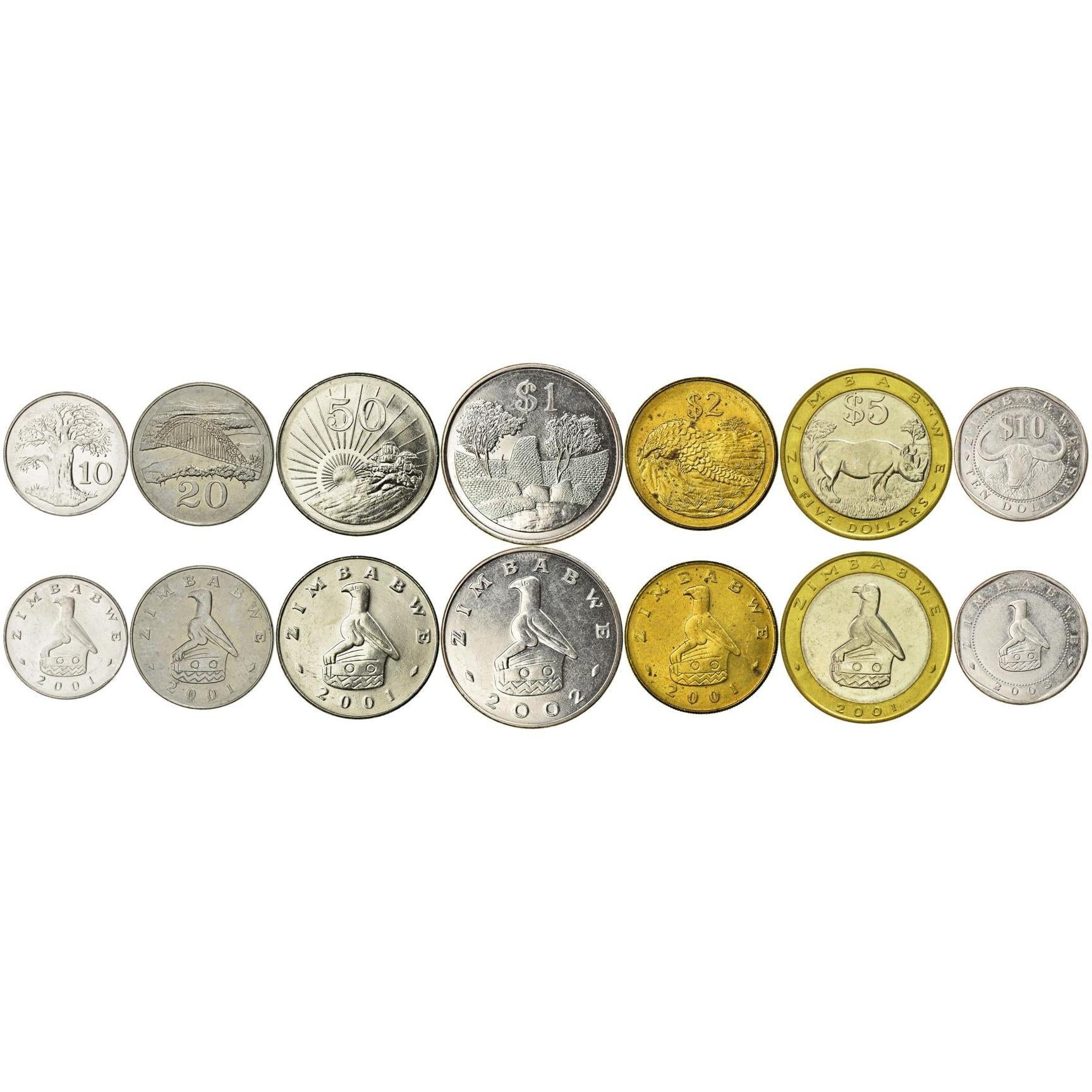 Zimbabwe | 7 Coin Set | 10 20 50 Cents 1 Dollar 2 5 10 Dollars | 2001 - 2003