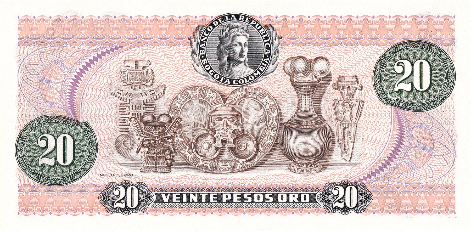 Colombia | 20 Pesos Oro Banknote | 1966 - 1983 | Francisco José de Caldas | Globe | Archeological Findings