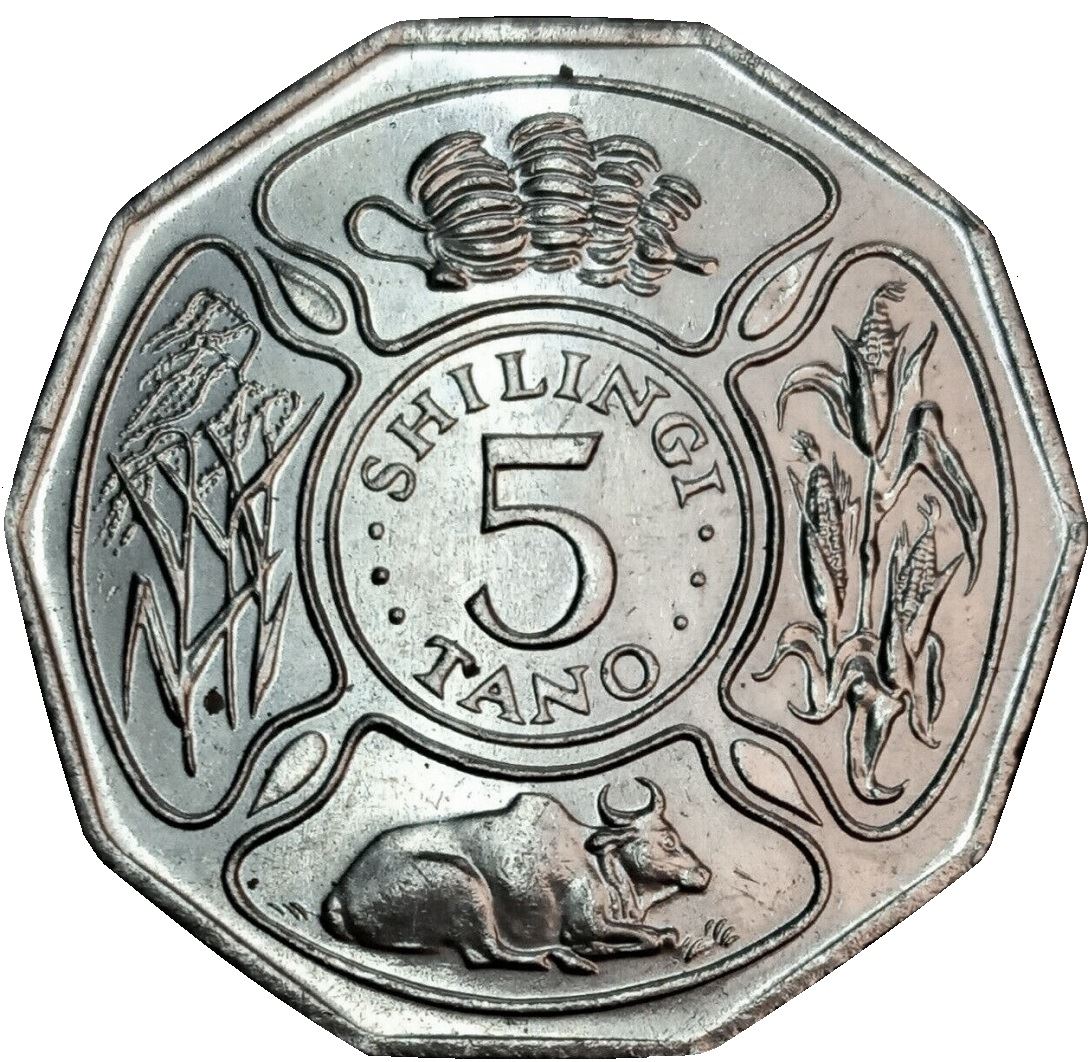Tanzania | 5 Shilingi Coin | Bananas | Maize | Cattle | Grains | Km:23 | 1987 - 1989