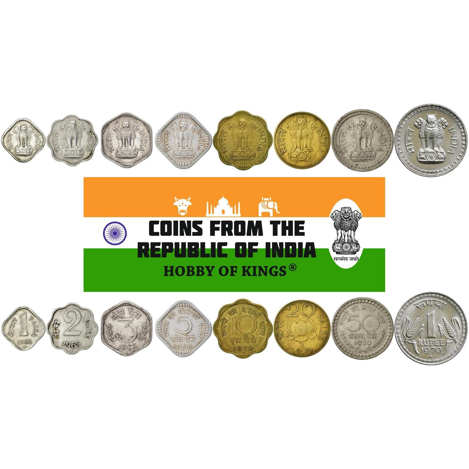 India | Set van 8 munten | 1 2 3 5 10 20 50 Paisa 1 Roepie | 1965 - 1971