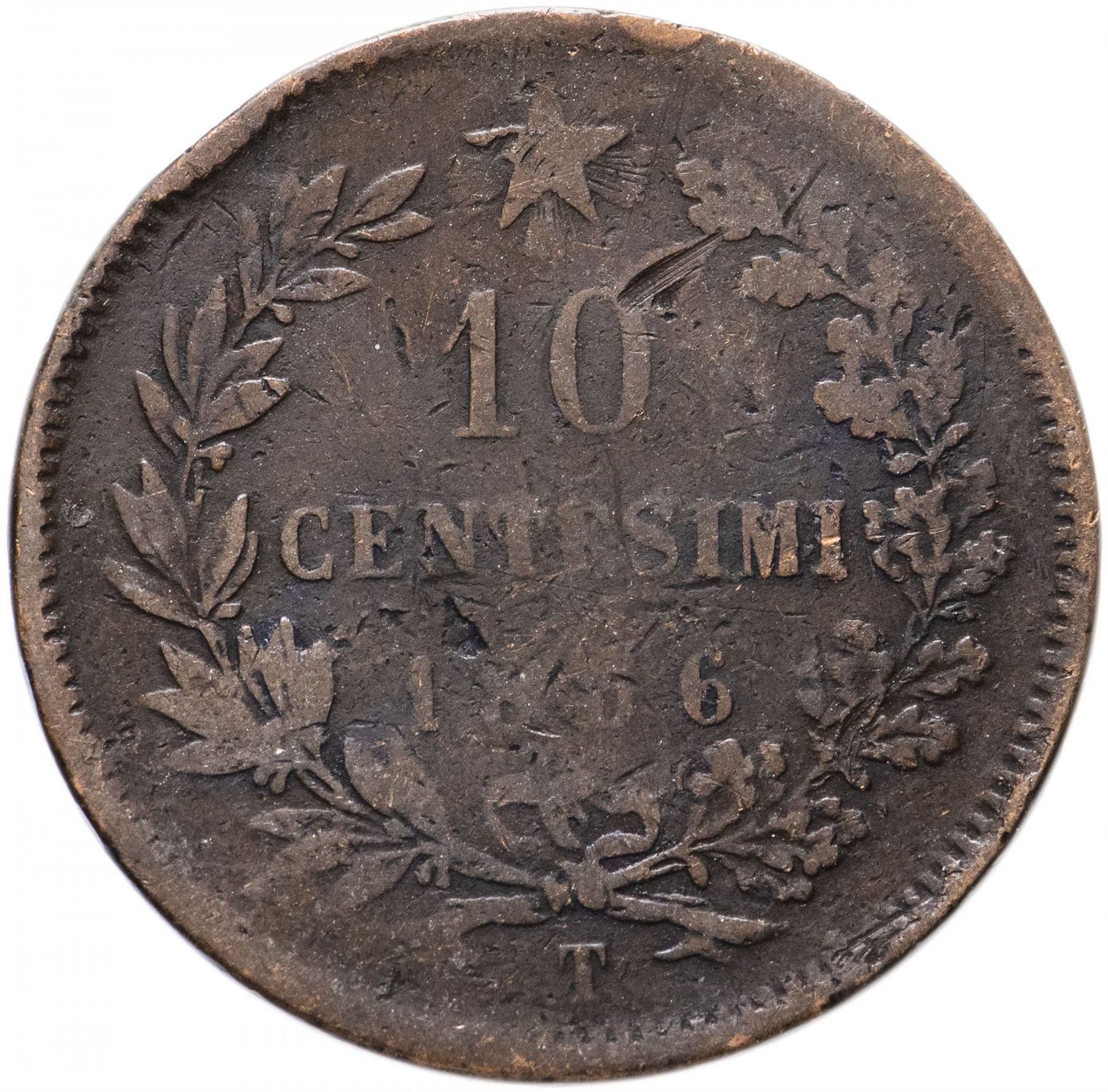 Moneta da 10 Centesimi Italia | Vittorio Emanuele II | Ramo | Quercia Alloro | Stella | KM11 | 1862 - 1867